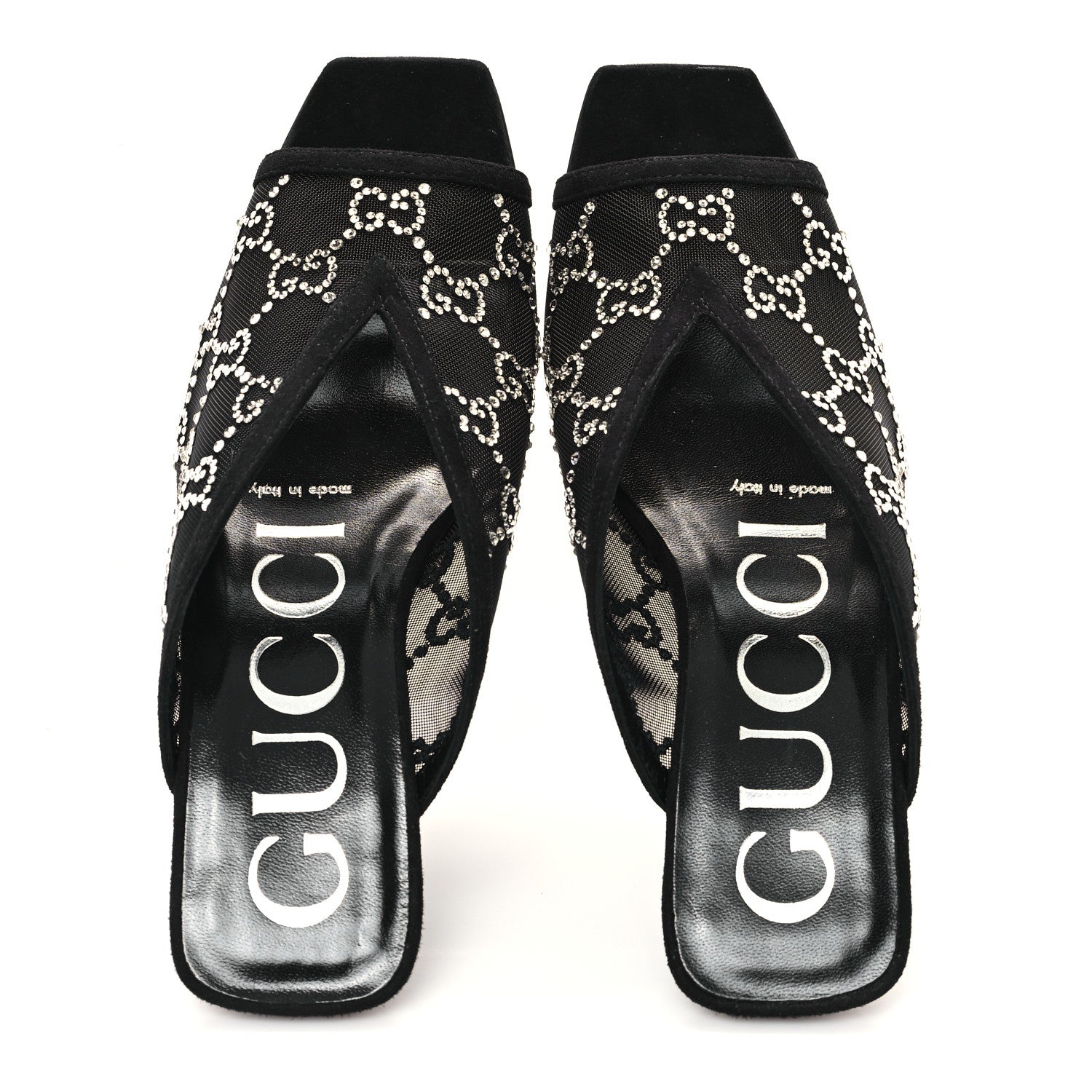 Gucci Tela Retino Kid Scamosciato Crystal GG Monogram Square G 95mm Slide Sandals 35 Black 2 of 9