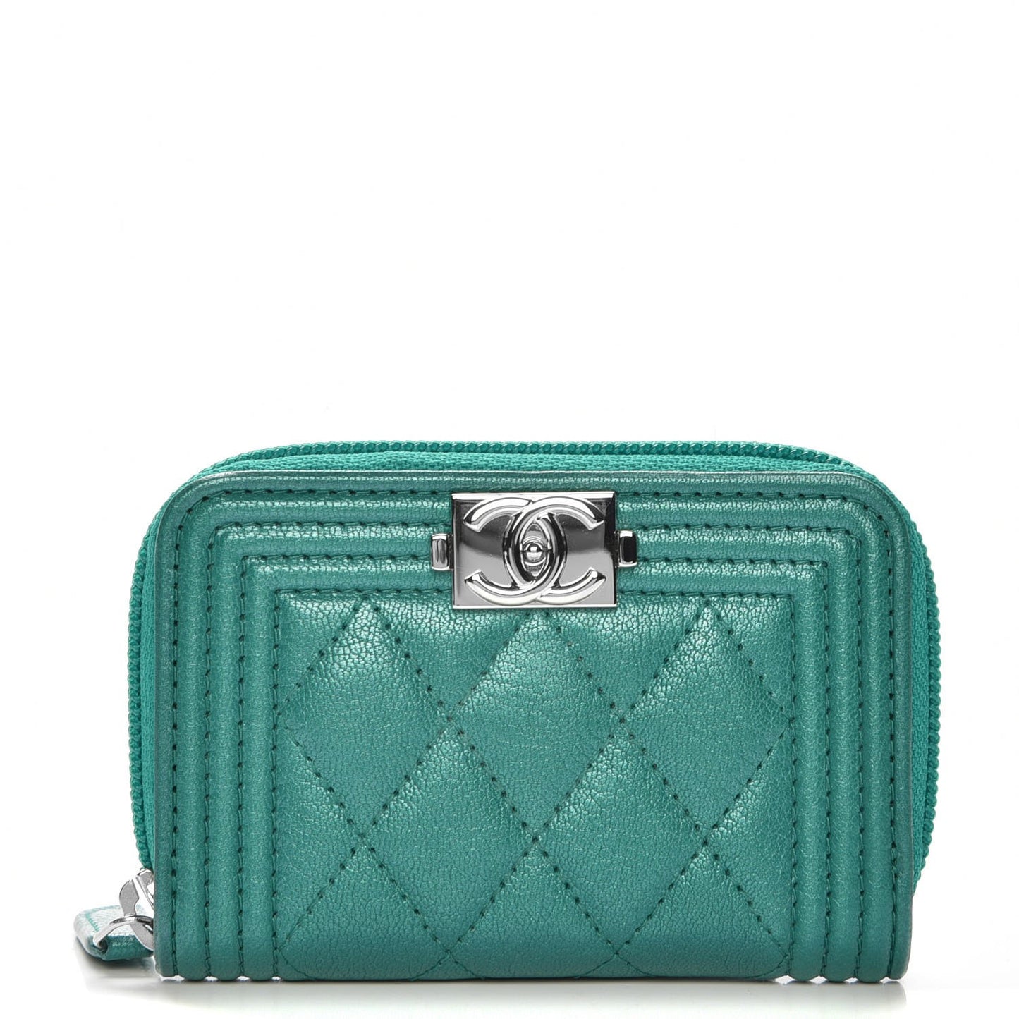 Metallic Goatskin Quilted Boy Zip Around Coin Purse Wallet Turquoise