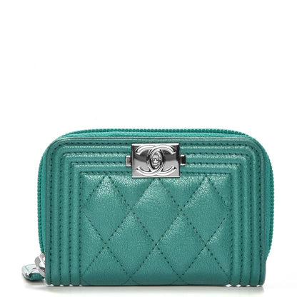 Chanel Metallic Goatskin Quilted Boy Zip Around Coin Purse Wallet Turquoise 1 of 8