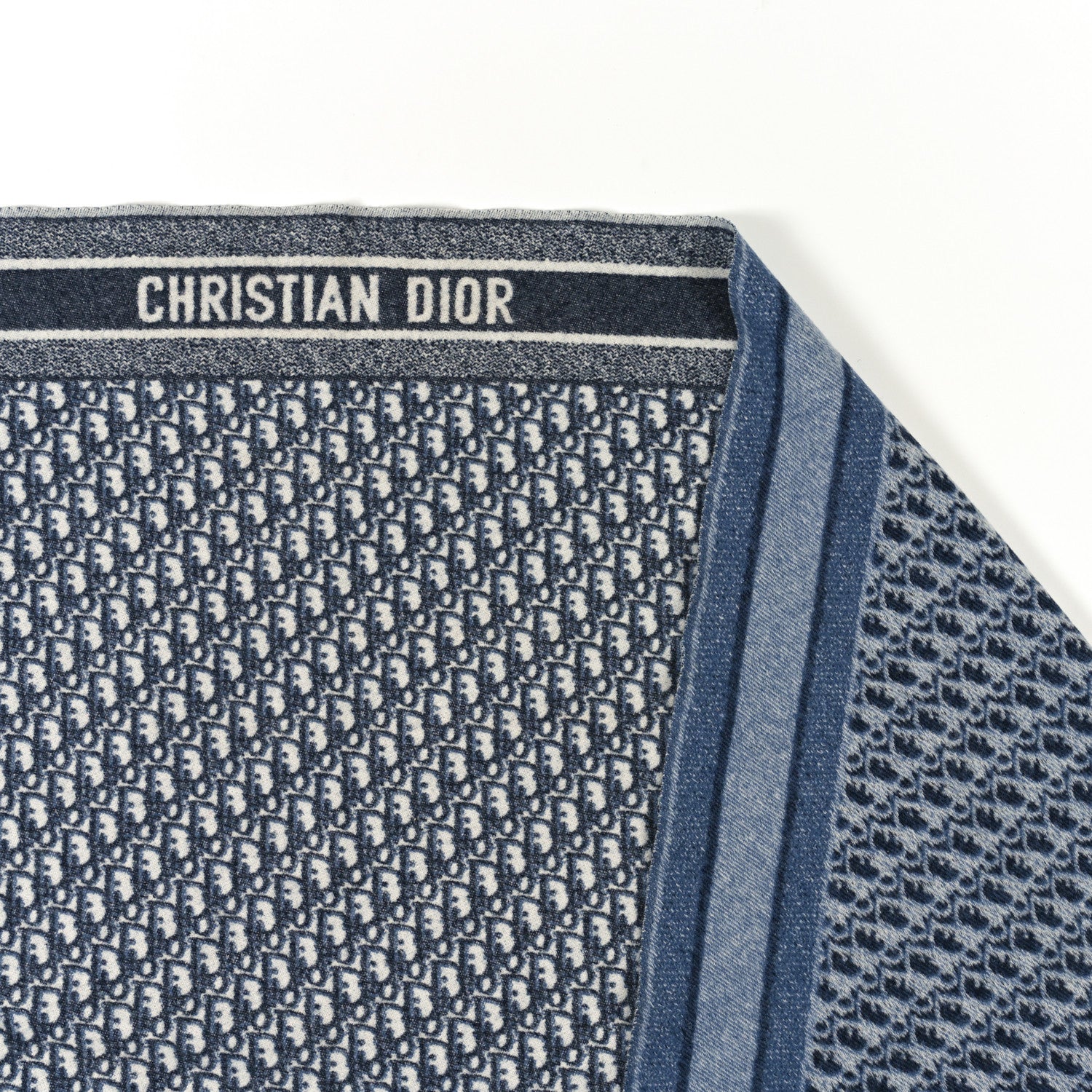 Christian Dior Cashmere Oblique Fringed Scarf Bleu Marine 2 of 3