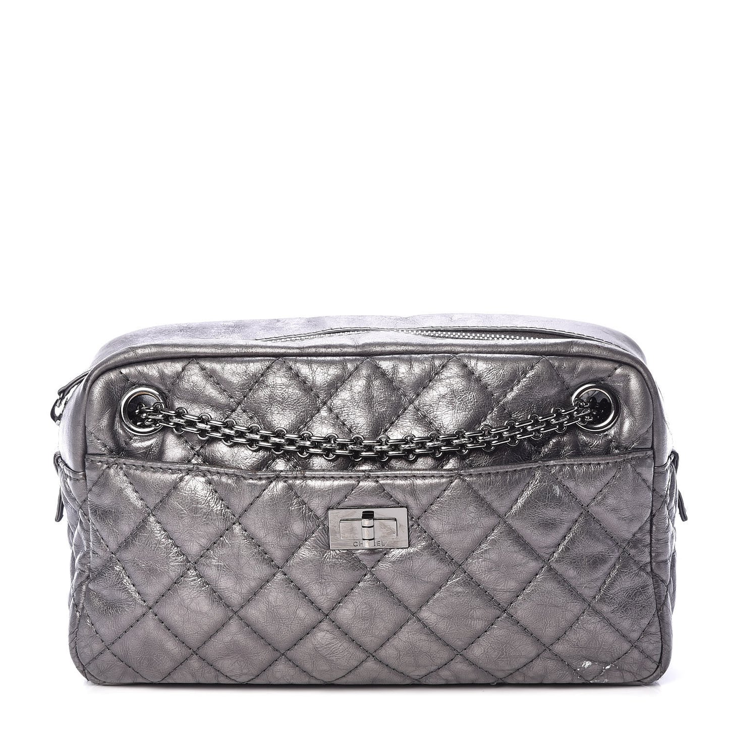 Metallic Aged Calfskin Quilted Medium Reissue Camera Case Dark Silver
