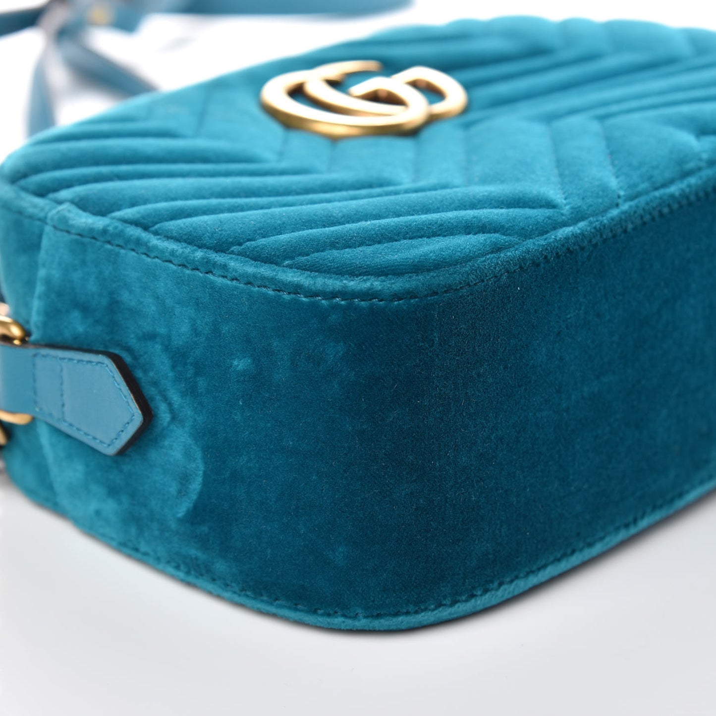 Velvet Matelasse Small GG Marmont Chain Shoulder Bag Pavone Cyan