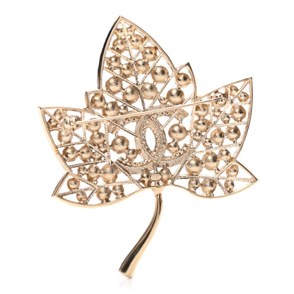 Chanel Pearl Crystal CC Leaf Brooch Gold 3 of 4