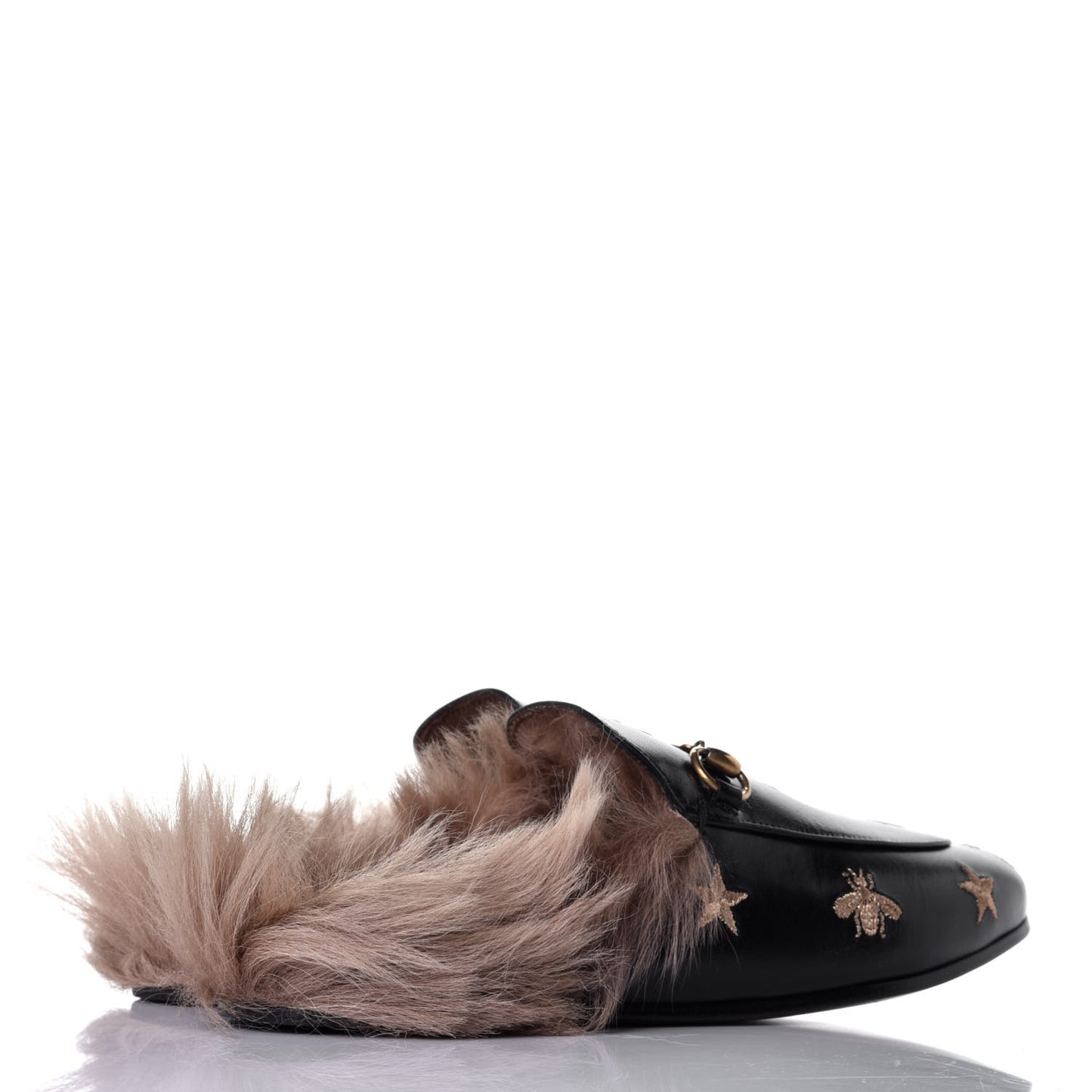 Goatskin Fur Bee Star Embroidered Womens Princetown Slippers 38.5 Black