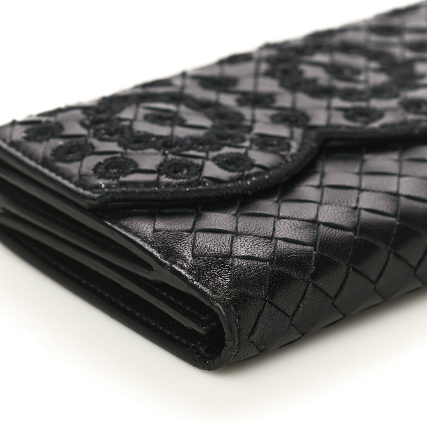 Nappa Intrecciato Embroidered Lace Continental Flap Wallet Black