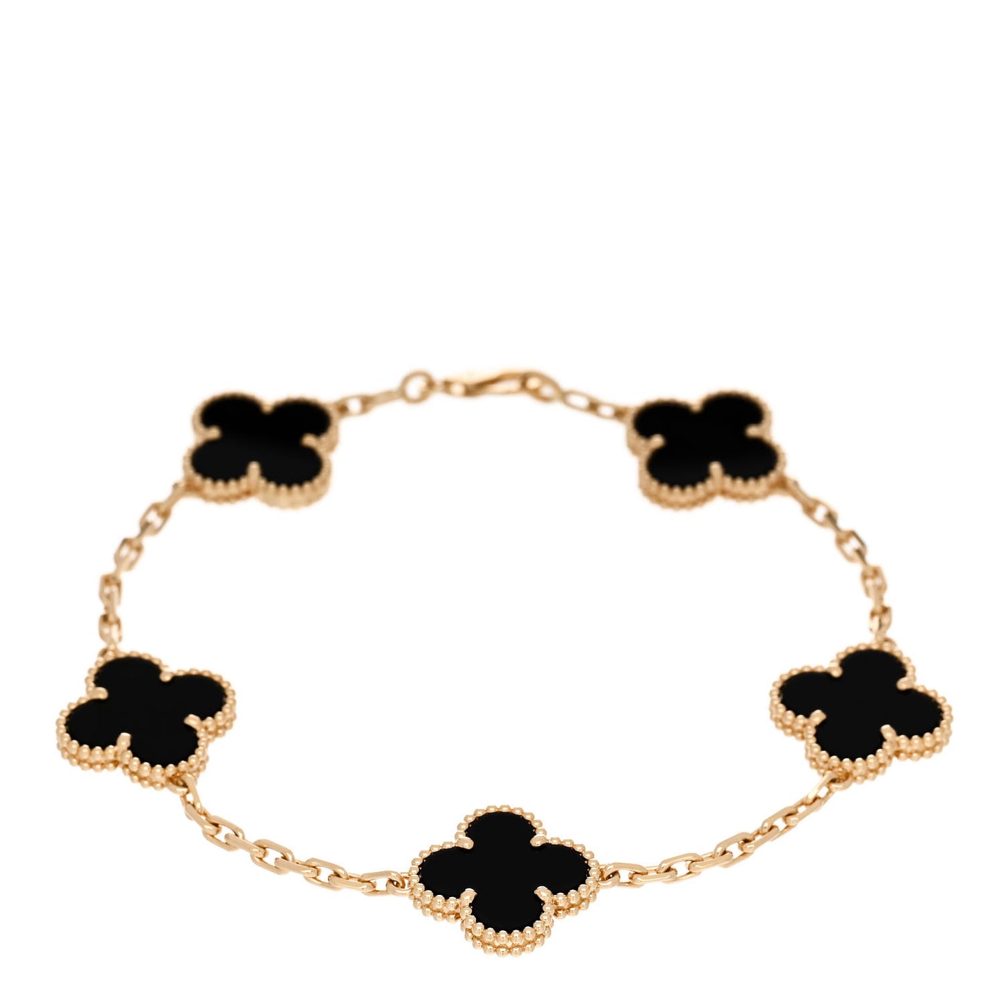 18K Yellow Gold Black Onyx 5 Motifs Vintage Alhambra Bracelet