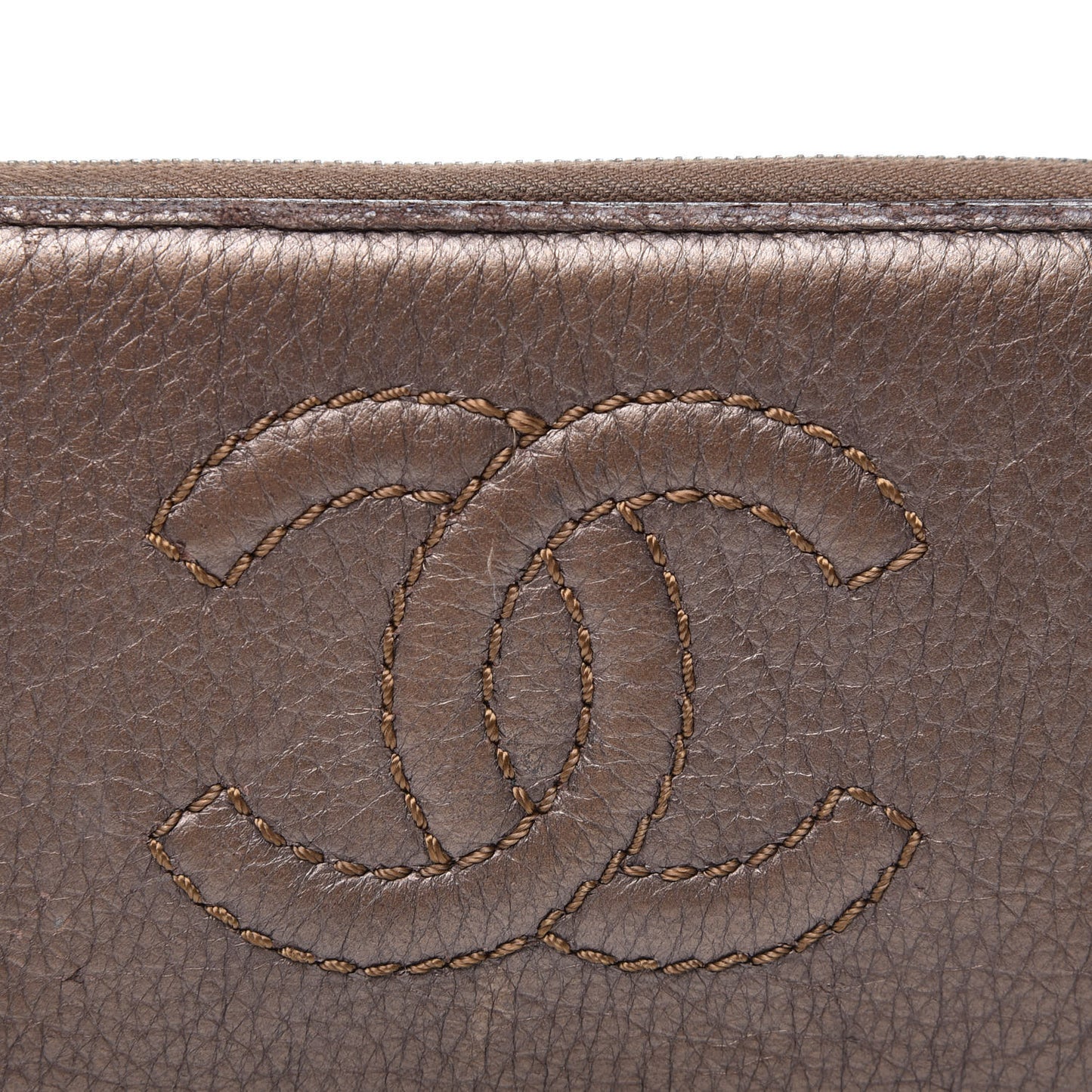 Metallic Calfskin Chain Zip Around Wallet Brown