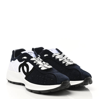 Chanel Fabric Suede Kidskin CC Sneakers 39.5 Navy White 3 of 9