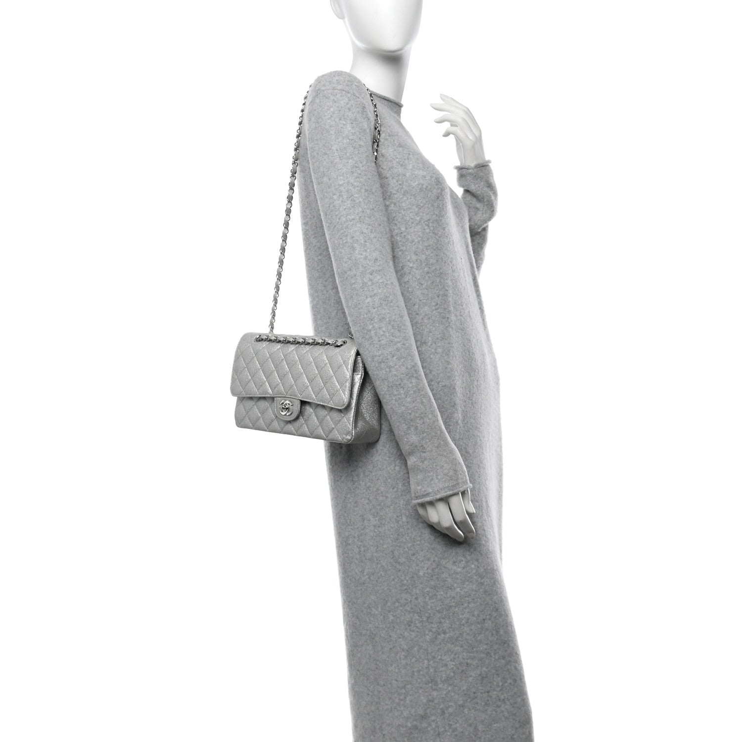 Chanel Glittered Metallic Caviar Quilted Medium Double Flap Silver 2 of 12