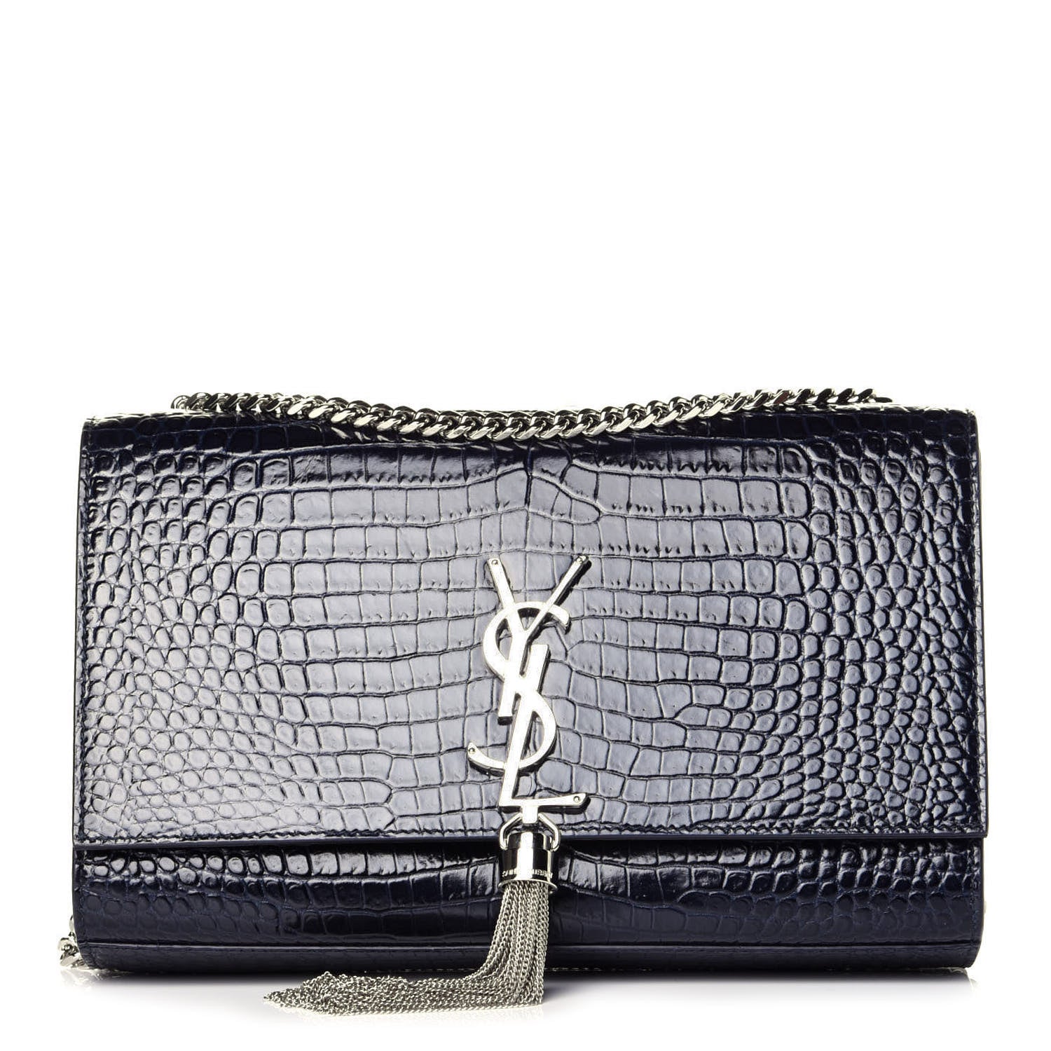 Saint Laurent Calfskin Crocodile Embossed Medium Classic Monogram Kate Tassel Satchel Blue Sapphire 1 of 8