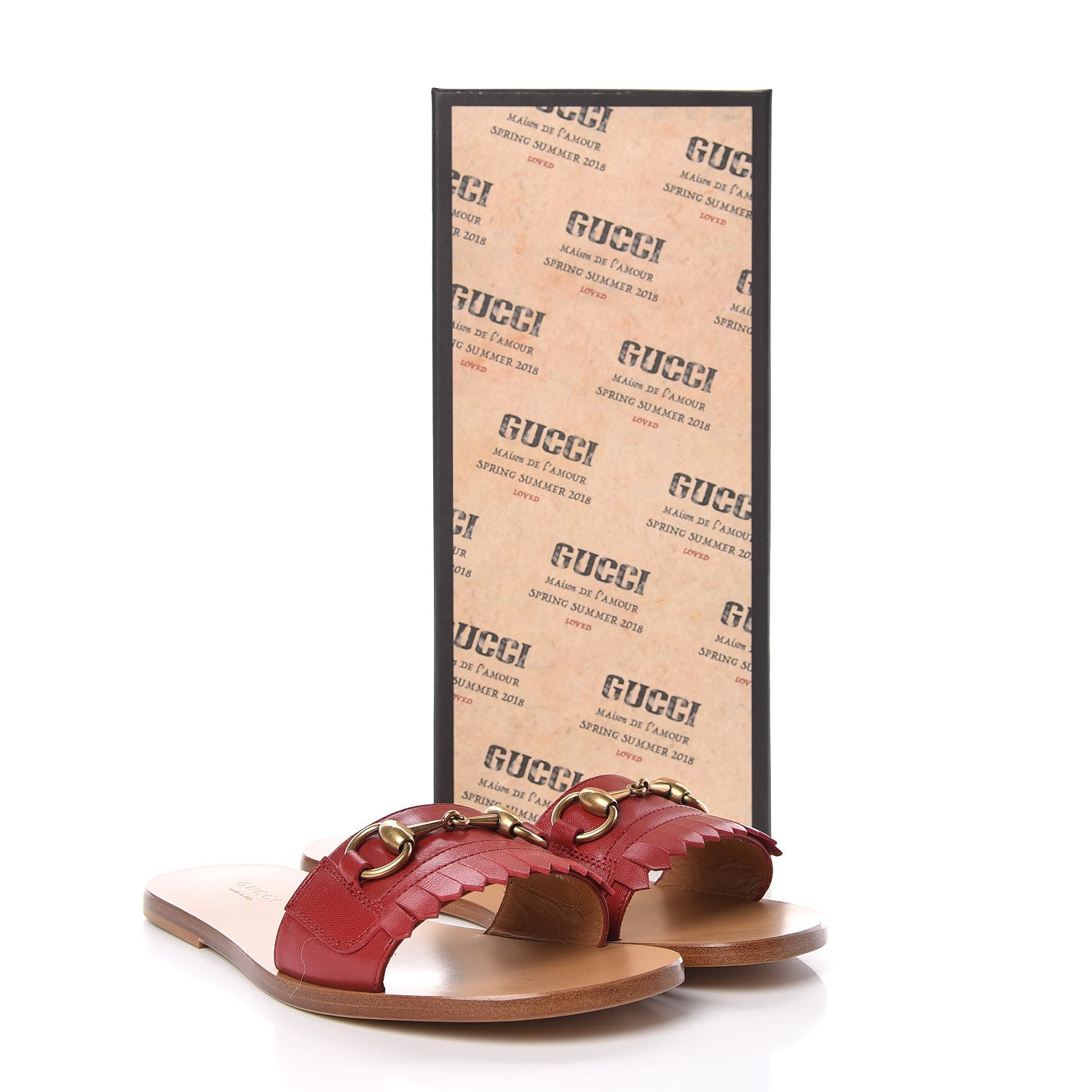 Gucci Malaga Kid Fringe Horsebit Slide Sandals 37.5 Hibiscus Red 8 of 8