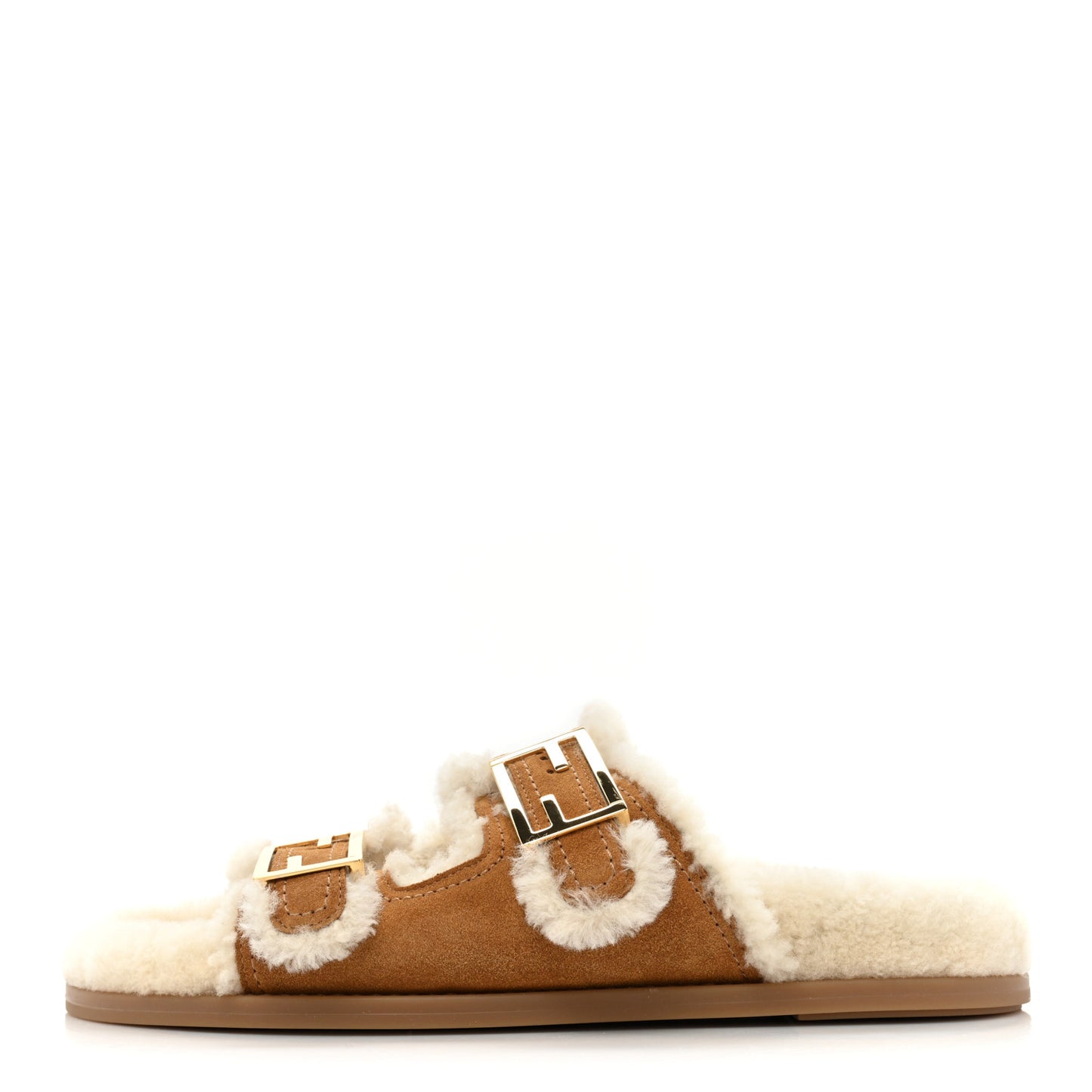 Suede Shearling Fendi Feel Buckled Slide Sandals 39 Beige Latte