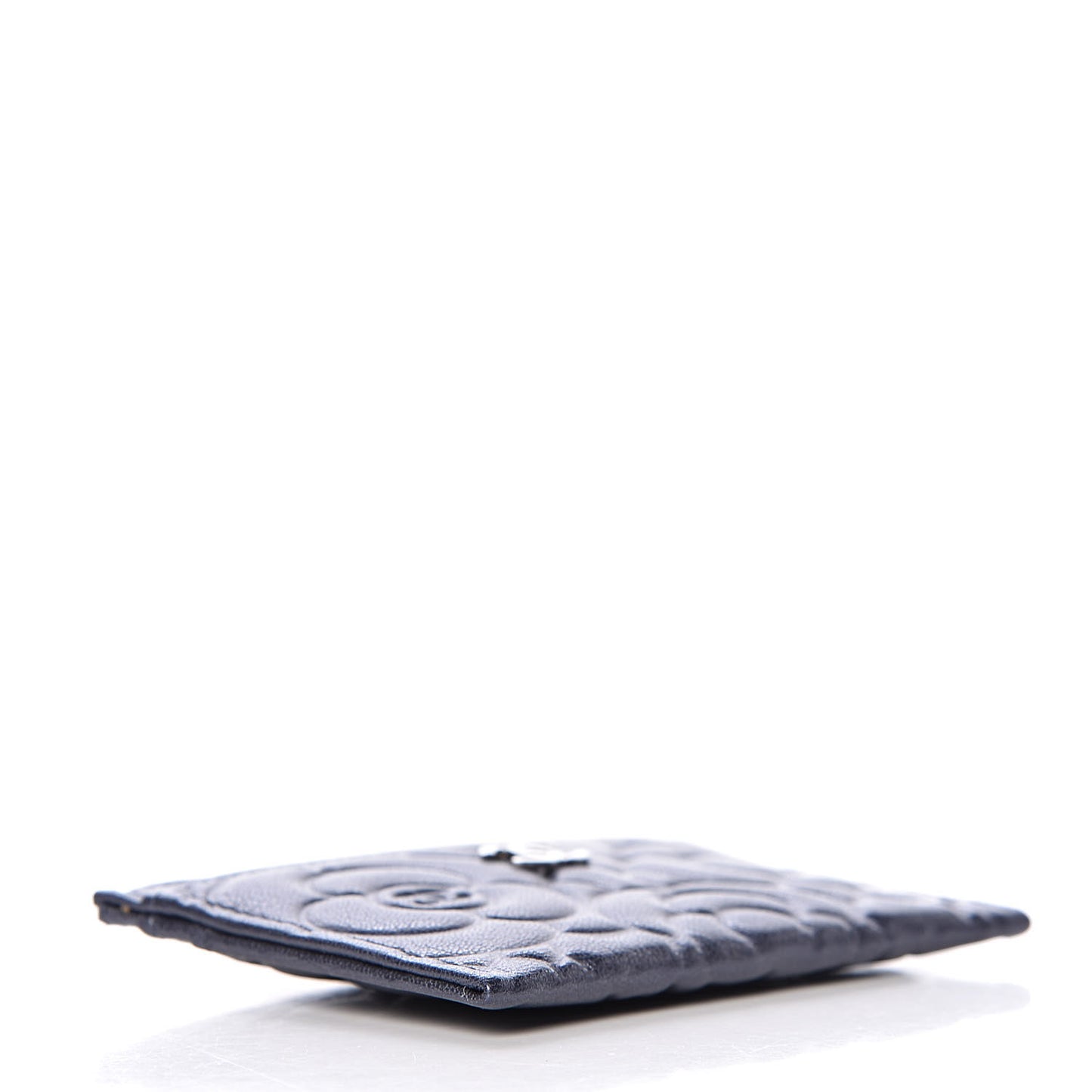 Goatskin Camellia Embossed Card Holder Dark Blue