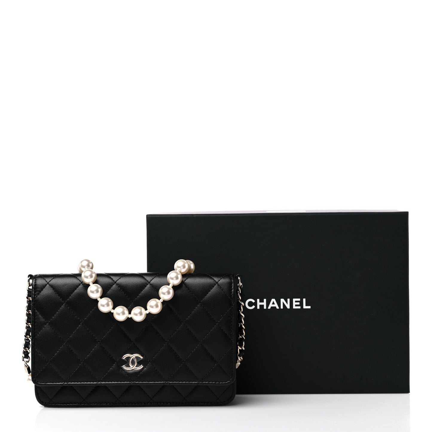 Lambskin Quilted Pearl Wallet On Chain WOC Black