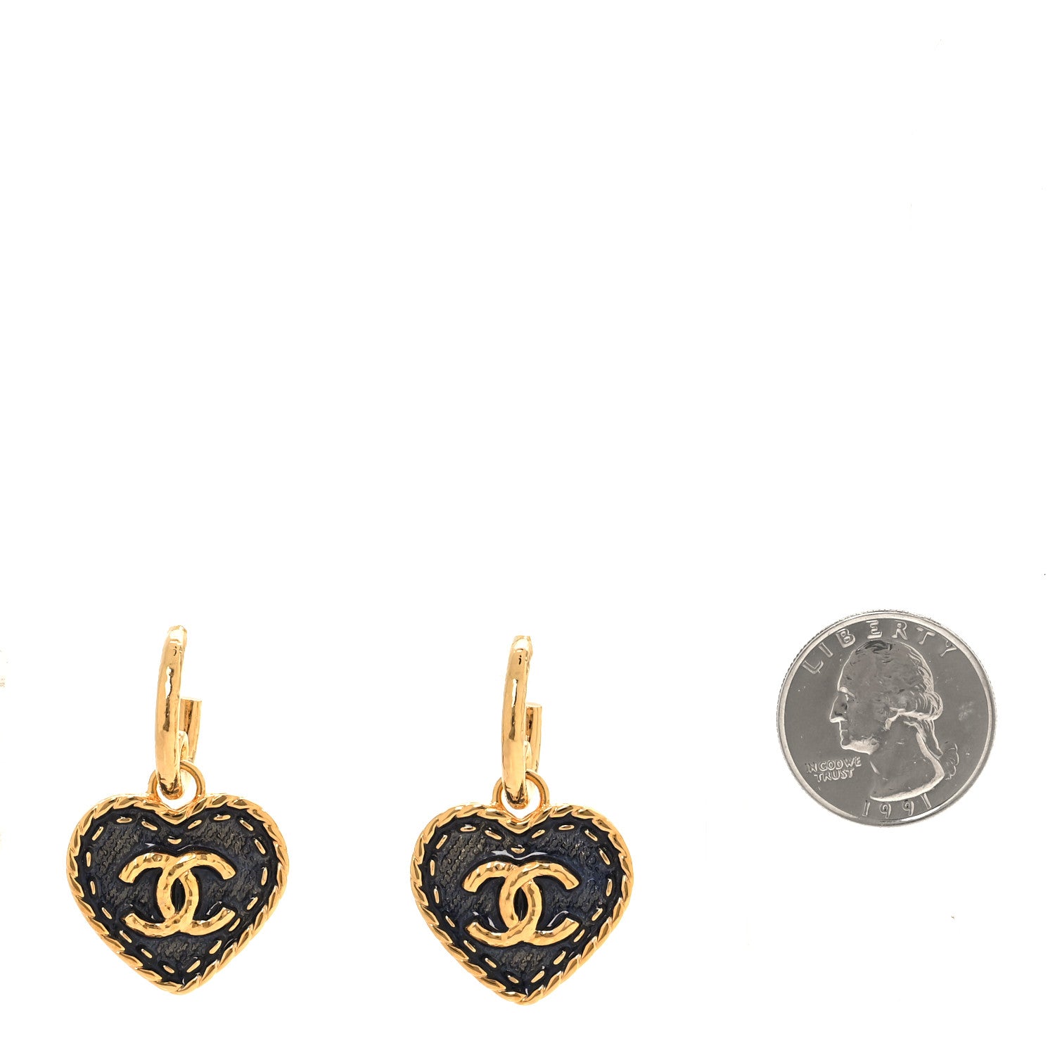 Chanel Metal Enamel CC Denim Heart Drop Earrings Gold Blue 2 of 5