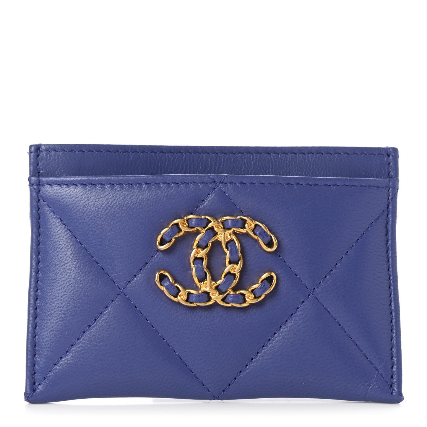 Shiny Goatskin Quilted Chanel 19 Card Holder Blue
