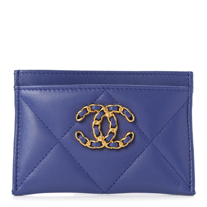 Chanel Shiny Goatskin Quilted Chanel 19 Card Holder Blue 1 of 8