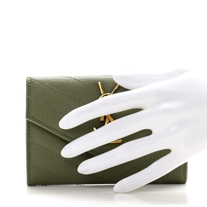 Saint Laurent Grain De Poudre Matelasse Chevron Small Monogram Envelope Wallet Light Sage 2 of 9