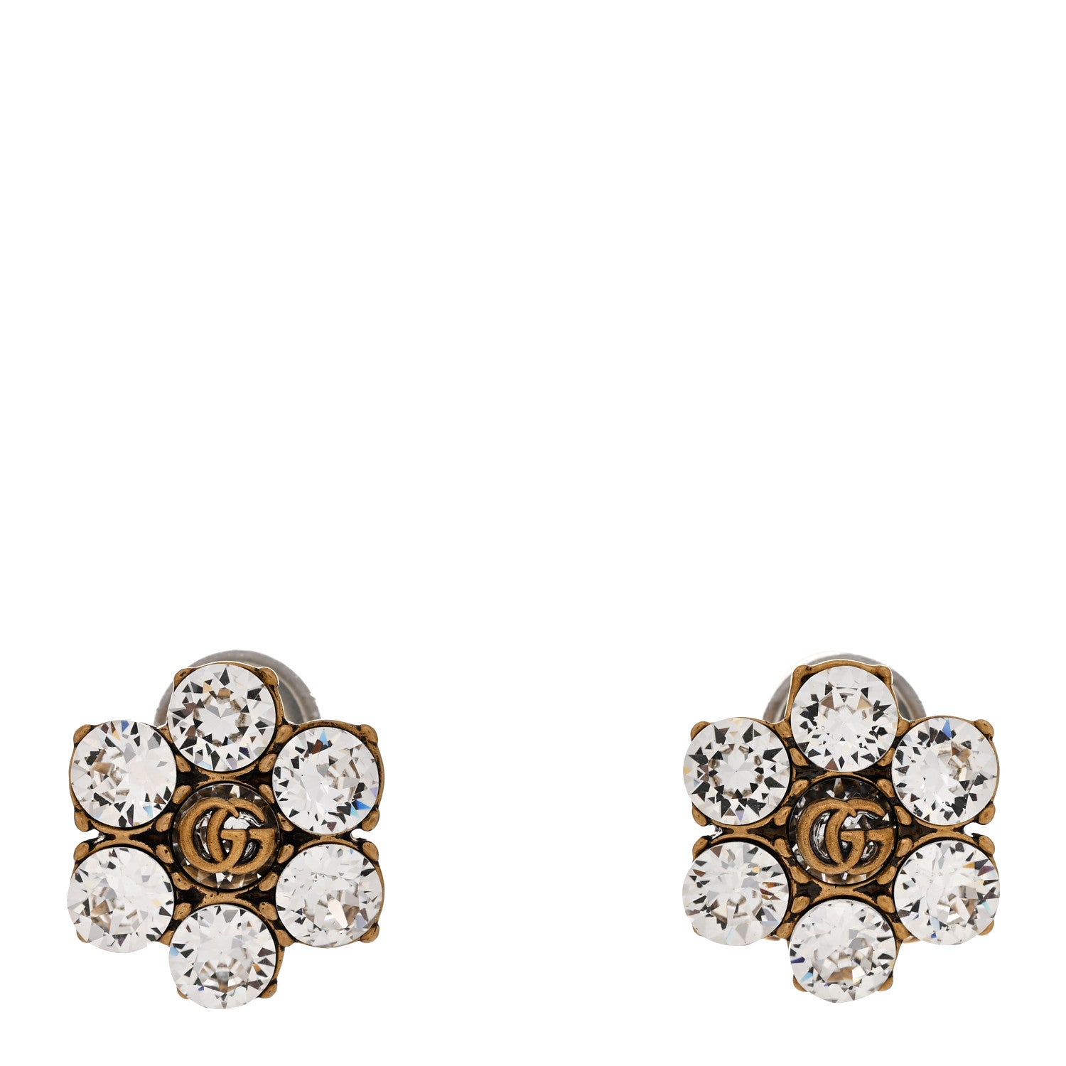 Gucci Metal Crystal Double G Clip On Earrings Aged Gold 1 of 4