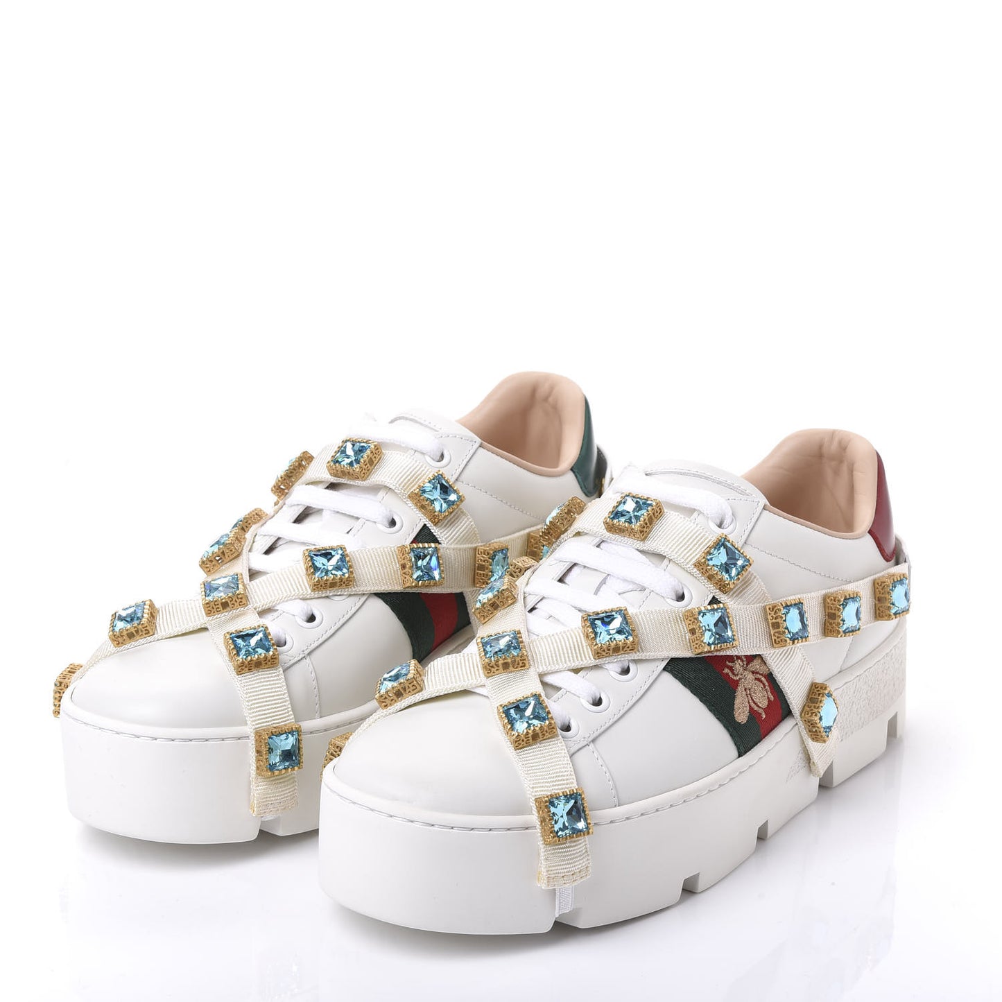 Calfskin Removable Crystals Bee Embroidered Womens Ace Platform Sneakers 37.5 White