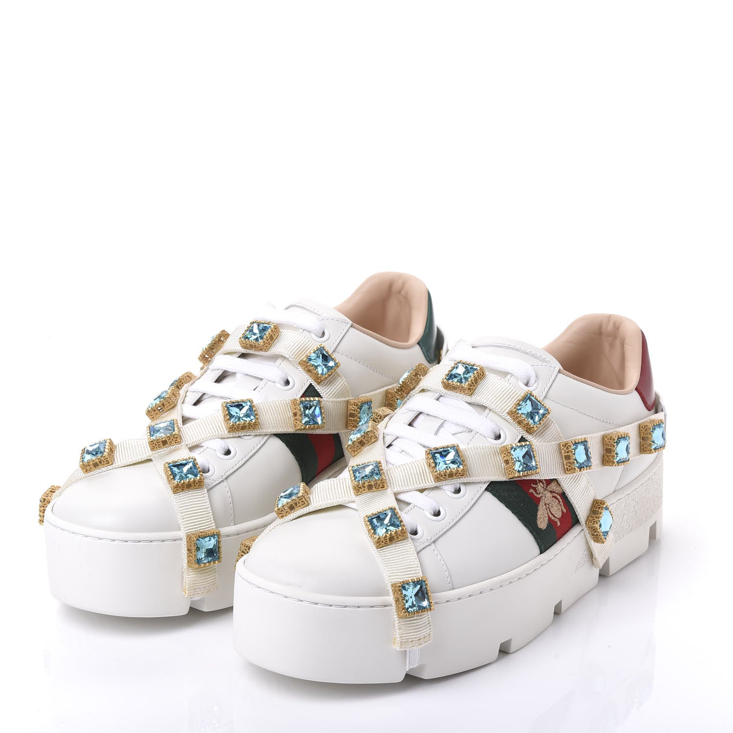 Gucci Calfskin Removable Crystals Bee Embroidered Womens Ace Platform Sneakers 37.5 White 2 of 9