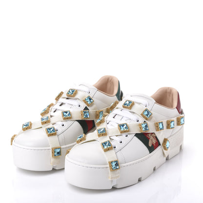Gucci Calfskin Removable Crystals Bee Embroidered Womens Ace Platform Sneakers 37.5 White 2 of 9