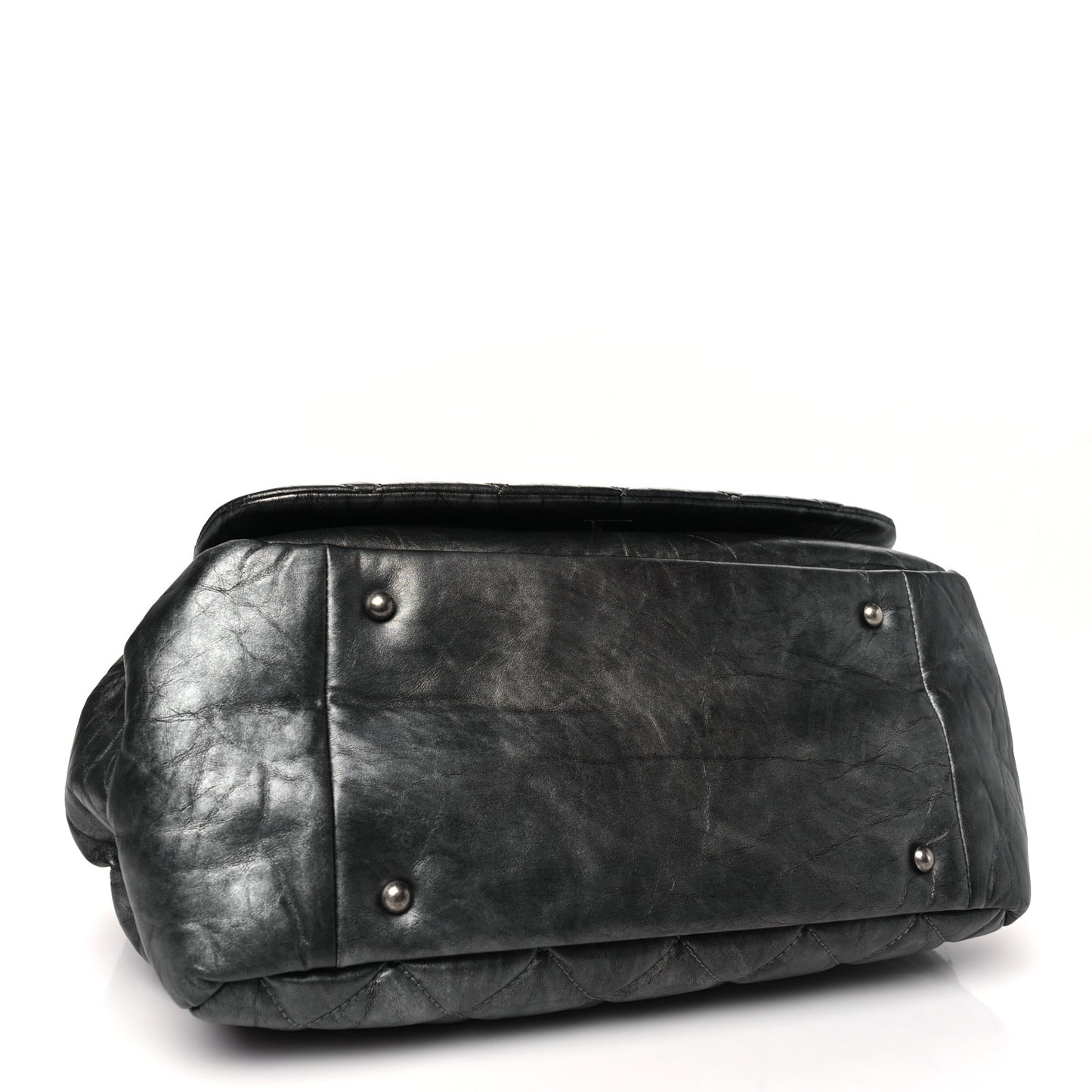 Metallic Aged Calfskin Quilted Large Pondichery Flap Dark Grey