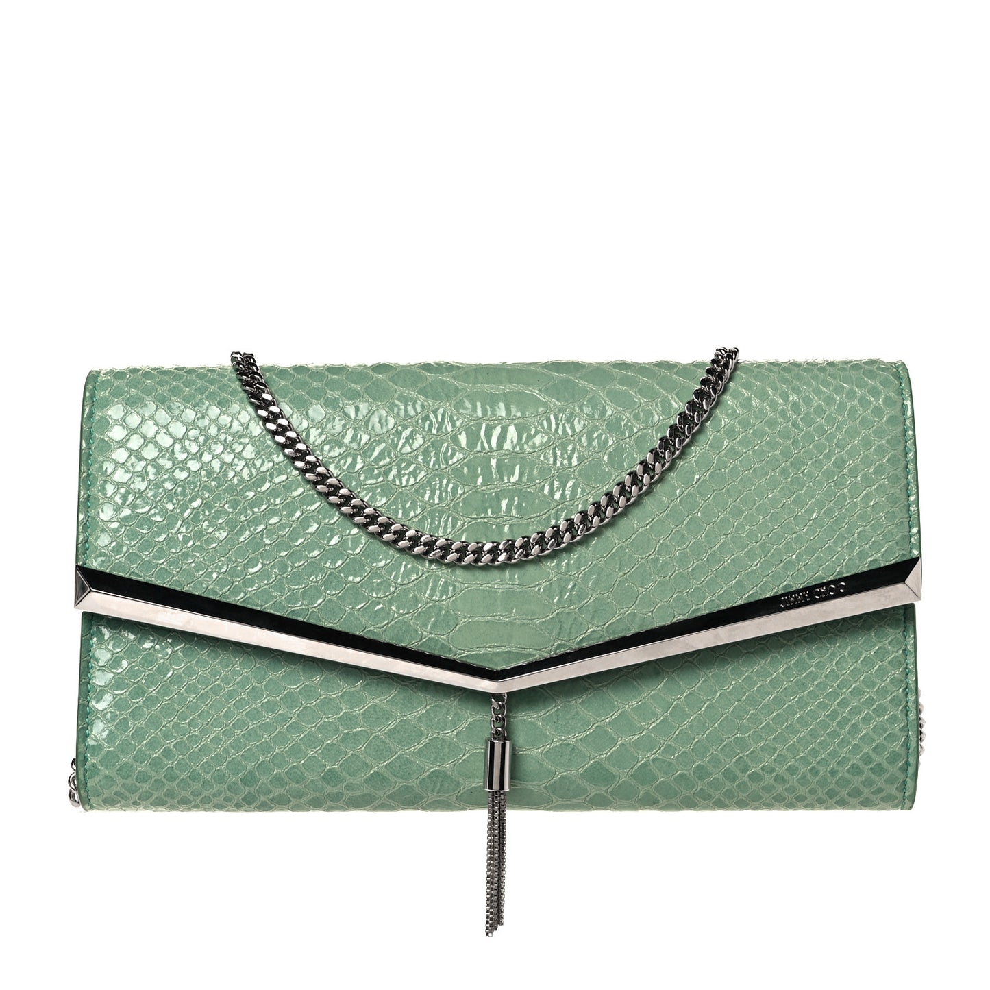 Snakeskin Embossed Chain Clutch Green