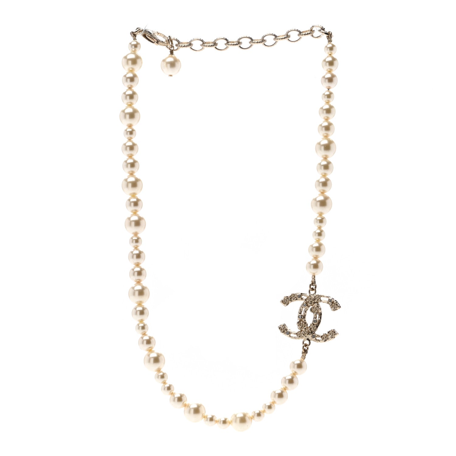 Chanel Pearl Crystal CC Camellia Short Necklace Gold 3 of 4