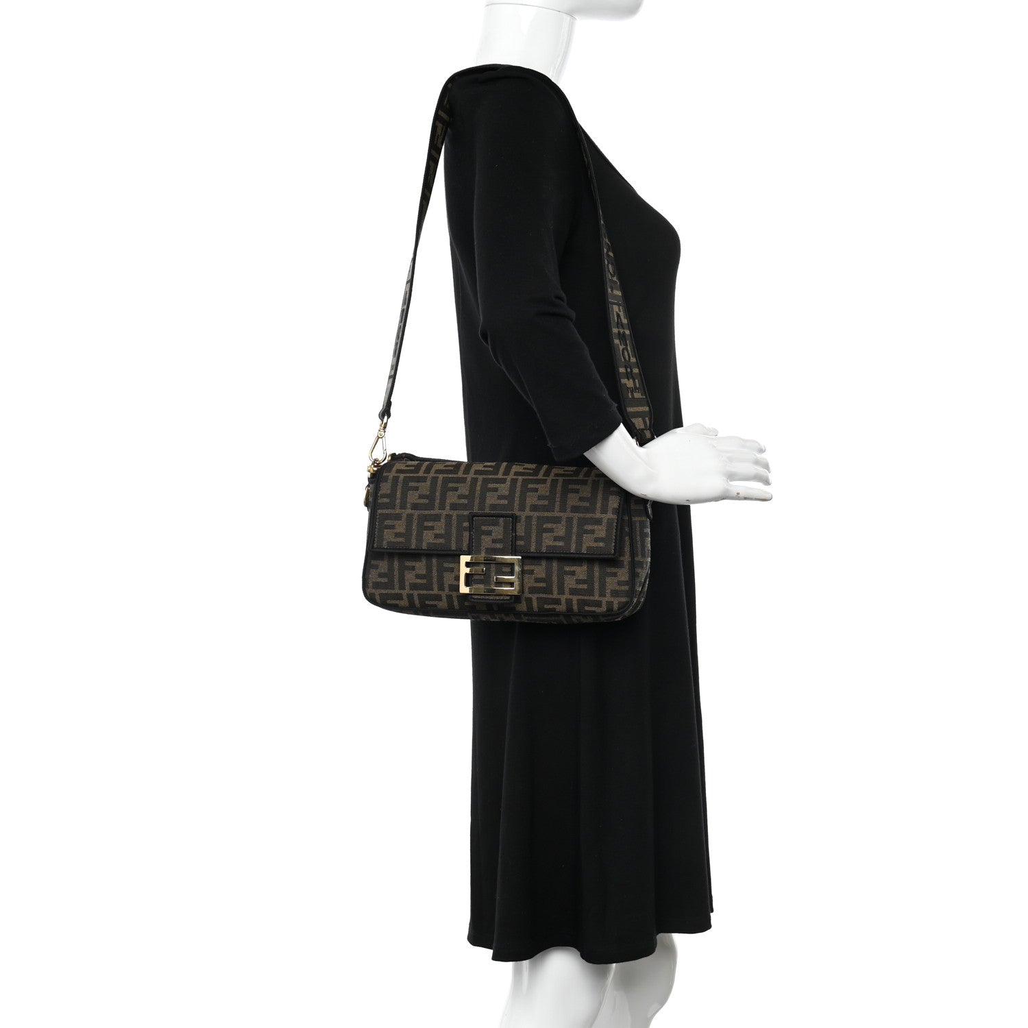 Fendi Fabric Jacquard FF 1974 Medium Baguette Tobacco Moro Black 2 of 11