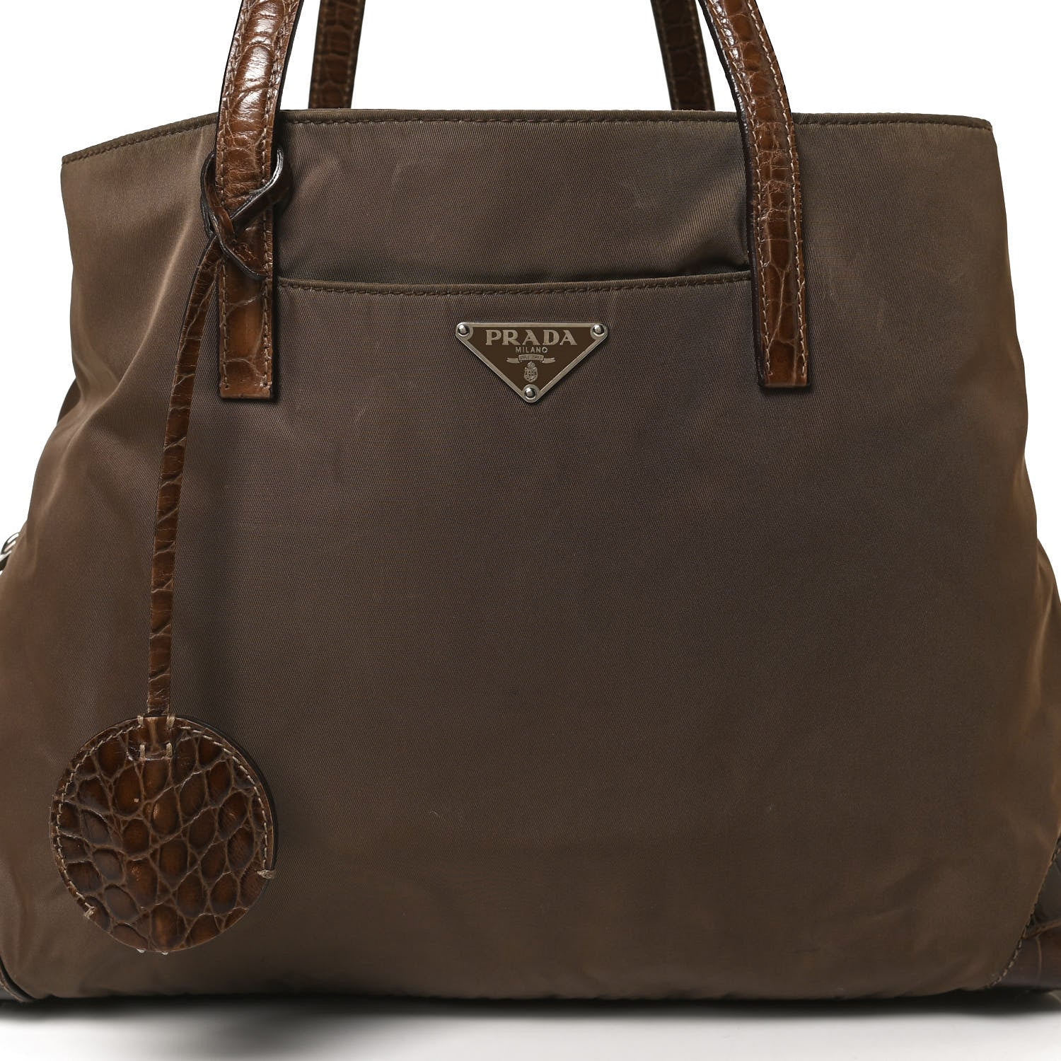 Prada Tessuto Nylon Calfskin Crocodile Embossed Tote Antilope Tabacco 8 of 10