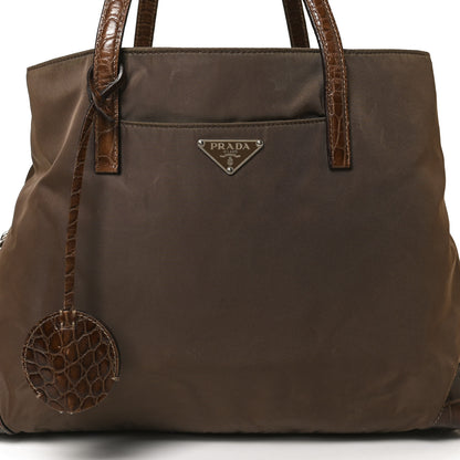 Prada Tessuto Nylon Calfskin Crocodile Embossed Tote Antilope Tabacco 8 of 10