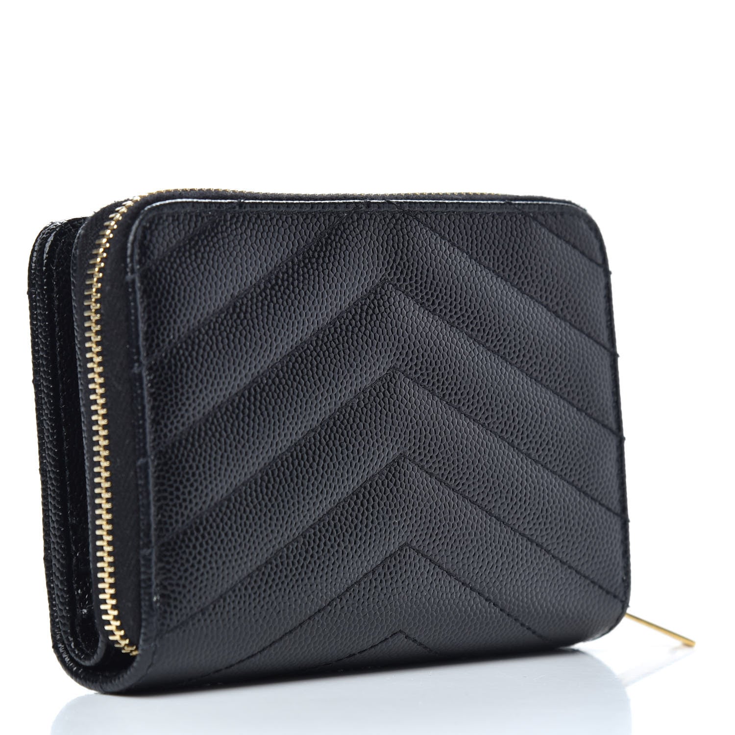 Saint Laurent Grain De Poudre Matelasse Chevron Monogram Compact Zip Around Wallet Black 3 of 7