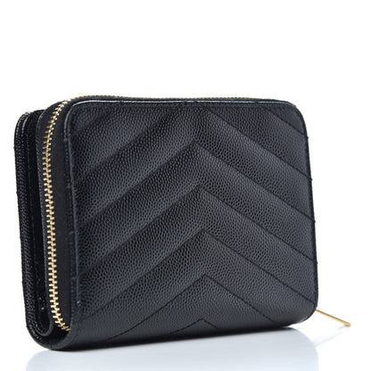 Saint Laurent Grain De Poudre Matelasse Chevron Monogram Compact Zip Around Wallet Black 3 of 7