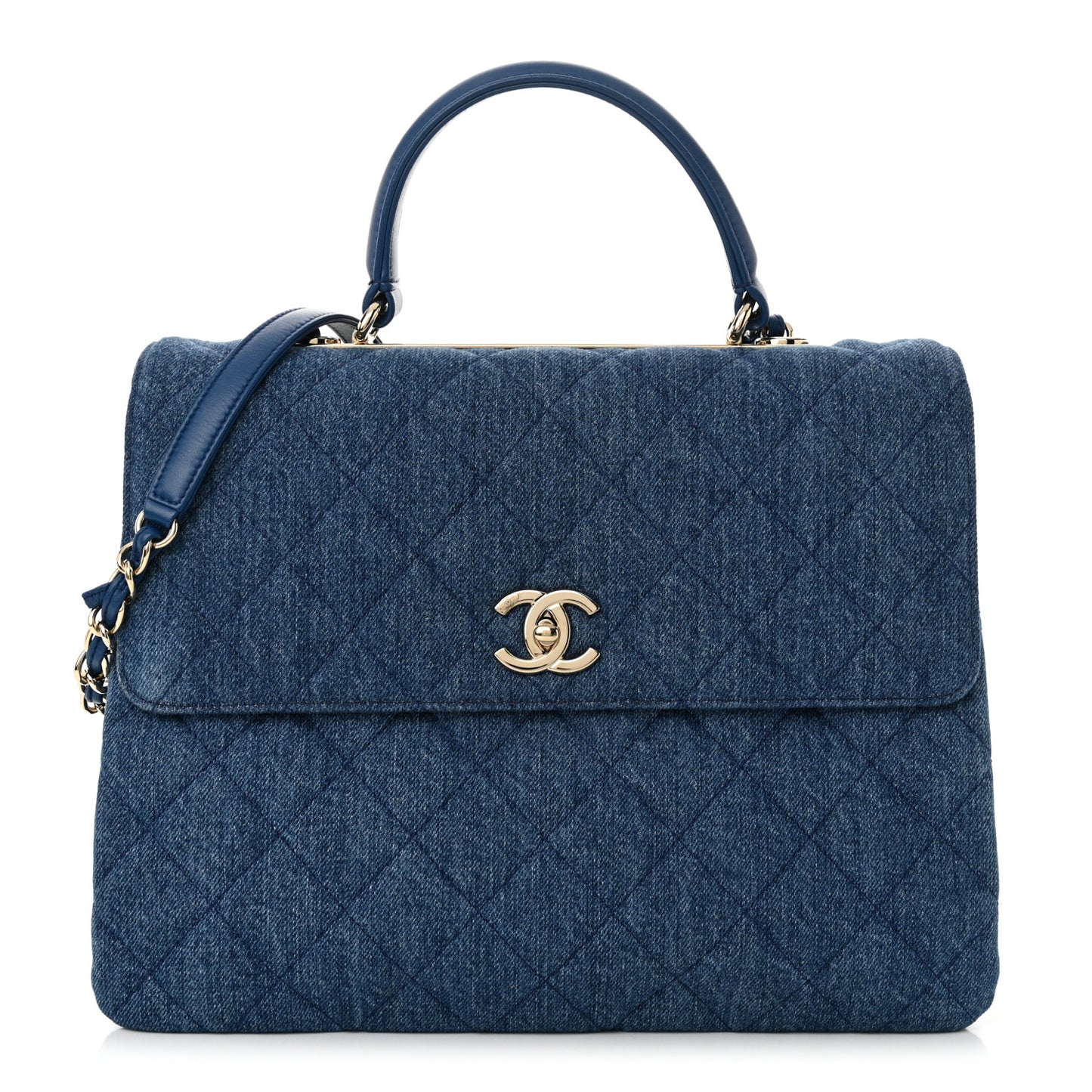 Denim Quilted Large Trendy CC Flap Dual Handle Bag Blue