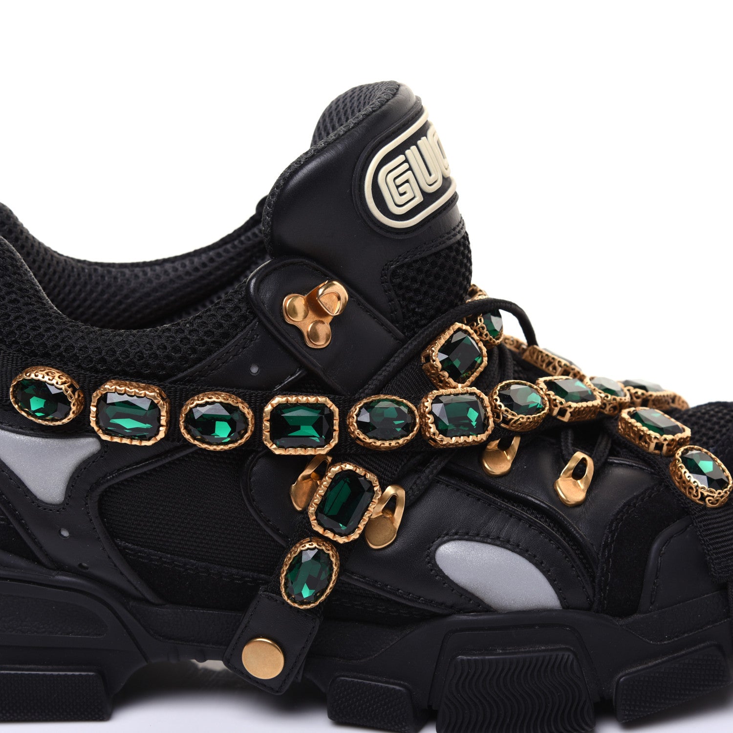 Gucci X SEGA Mesh Suede Calfskin Removable Crystals Mens Flashtrek Sneakers 9.5 Black Silver 11 of 14