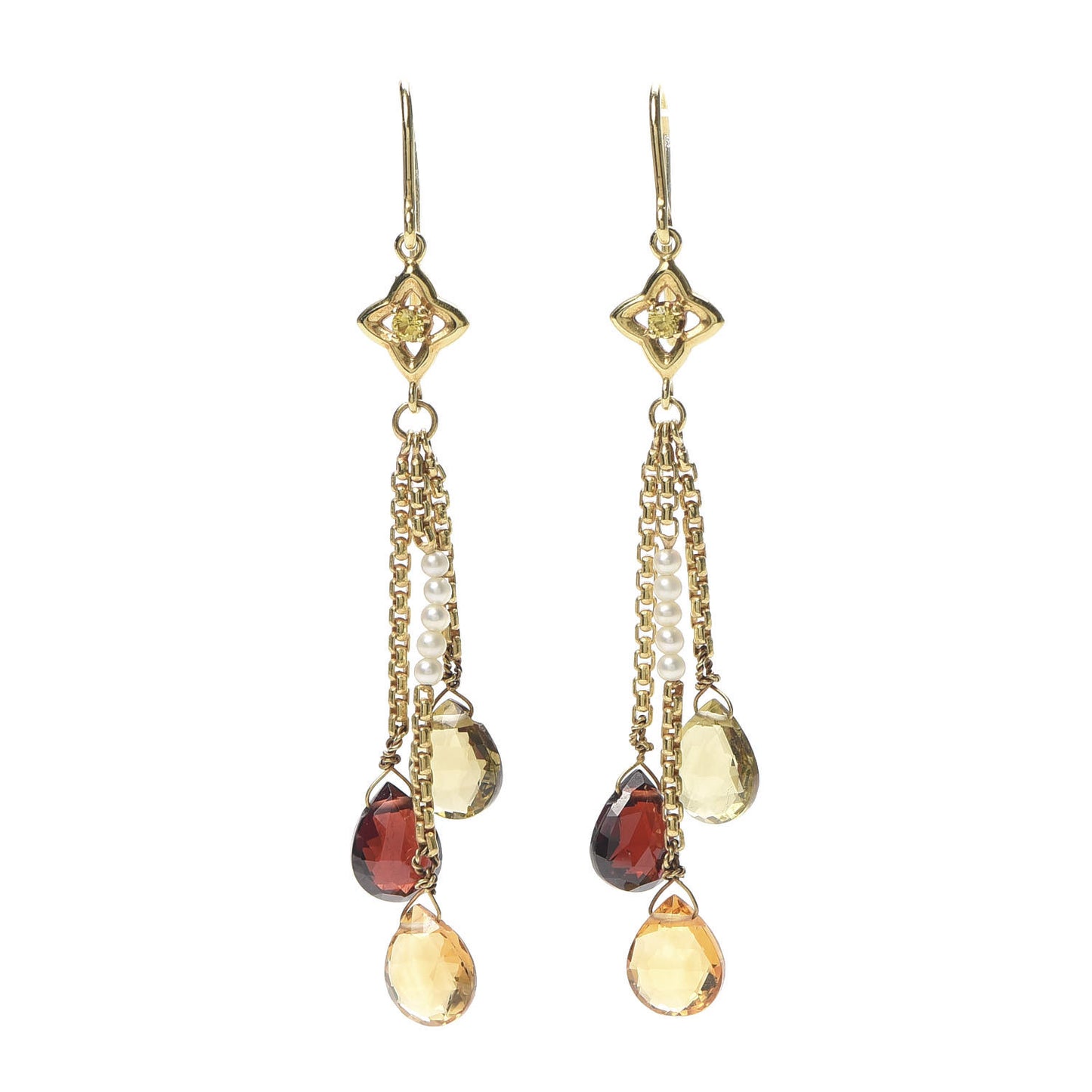 18K Yellow Gold Sapphire Garnet Prasiolite Citrine Pearl Drop Earrings