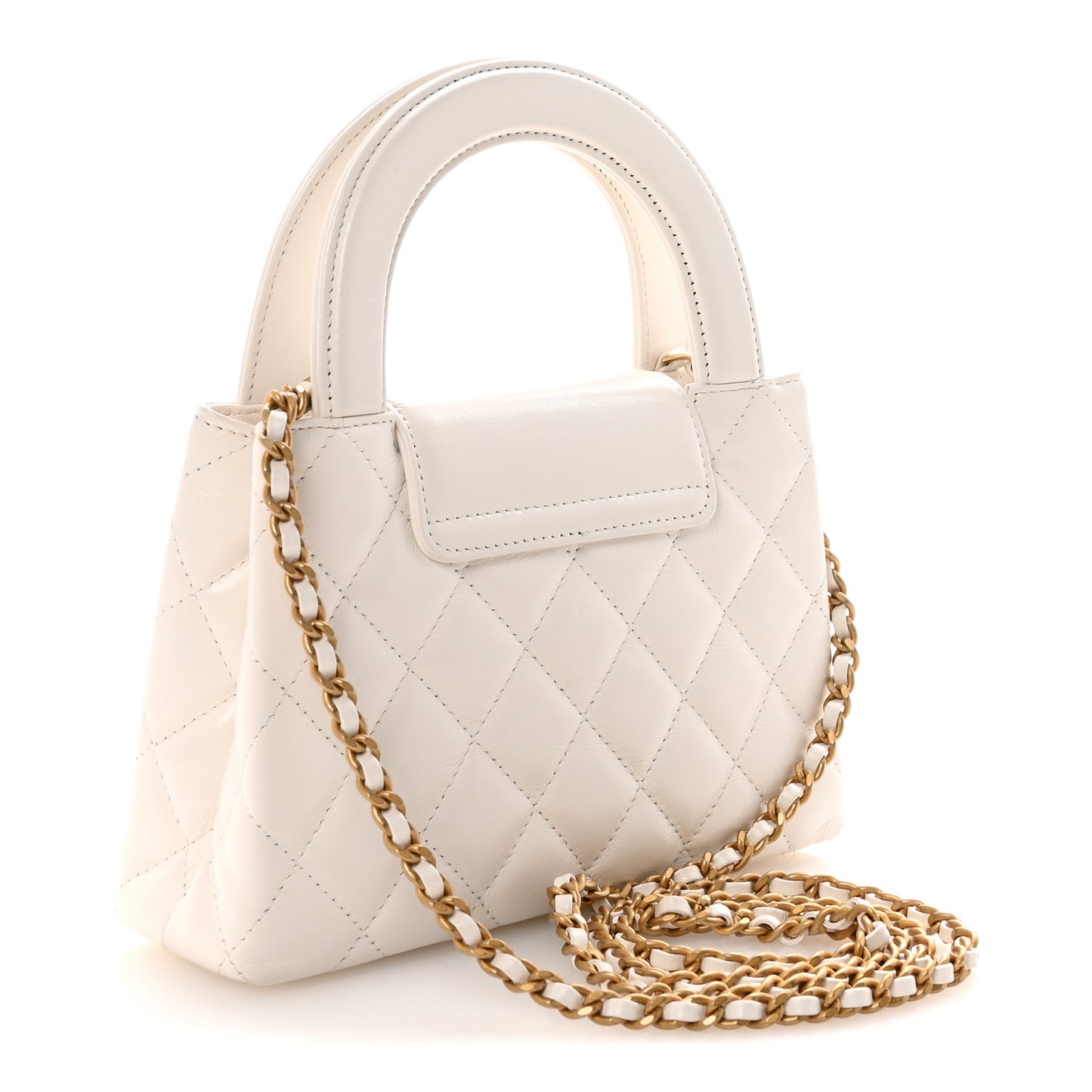 Shiny Aged Calfskin Quilted Nano Kelly Shopper White
