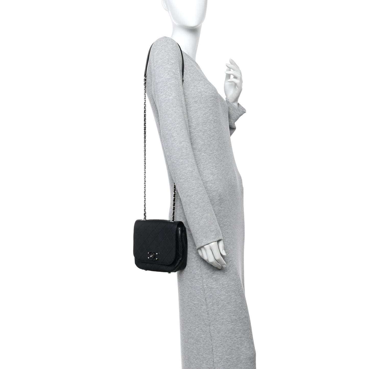 Calfskin Stitched Small Covered CC Flap Bag Black
