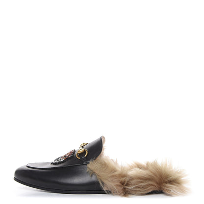 Gucci Calfskin Fur Crystal Tiger Embroidered Mens Princetown Slippers 8 Black 1 of 11