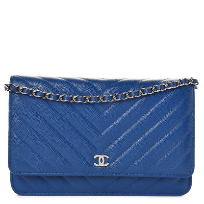 Chanel Caviar Chevron Quilted Wallet On Chain WOC Bright Blue 1 of 9