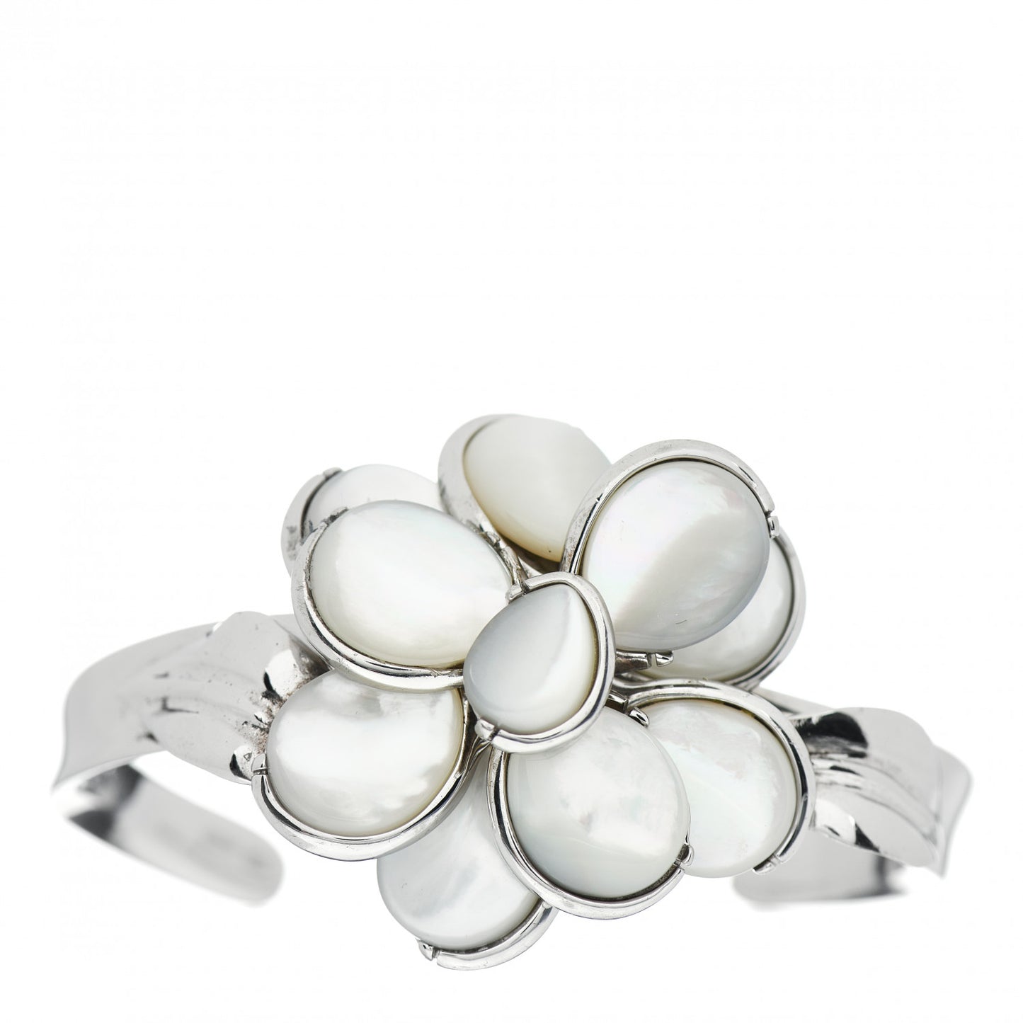 Sterling Silver Mother of Pearl Camellia Flower Cuff Bracelet