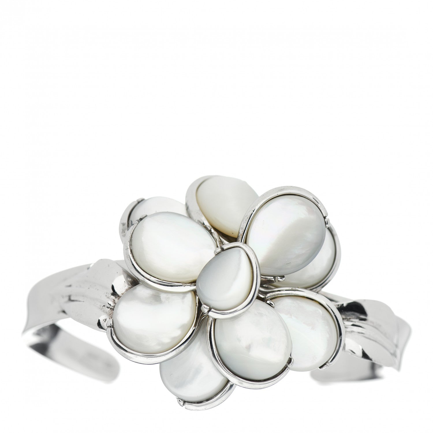 Chanel Sterling Silver Mother of Pearl Camellia Flower Cuff Bracelet 1 of 5
