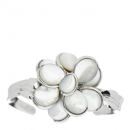 Chanel Sterling Silver Mother of Pearl Camellia Flower Cuff Bracelet 1 of 5