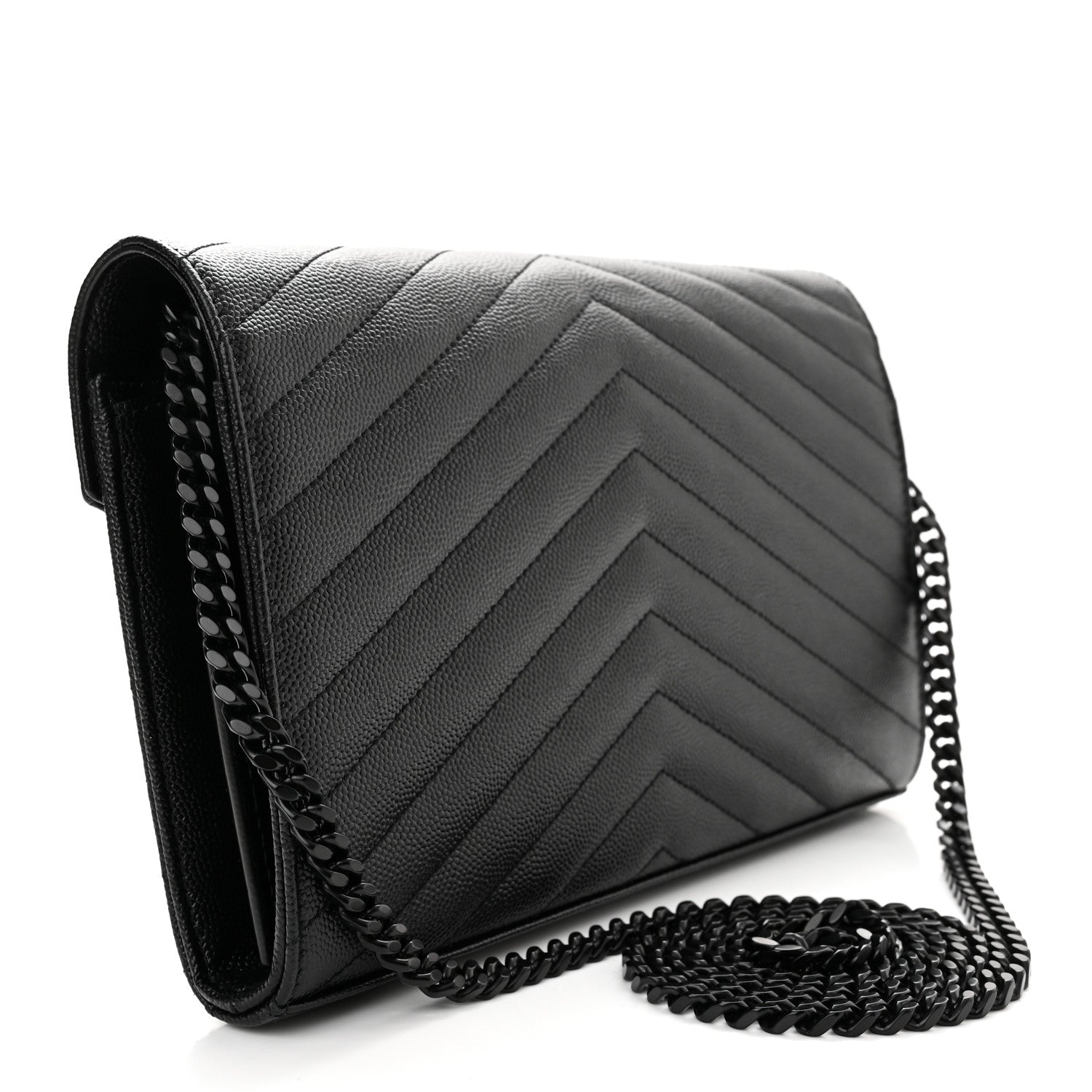 Saint Laurent Grain De Poudre Matelasse Chevron Monogram Monochrome Chain Wallet Black 2 of 11