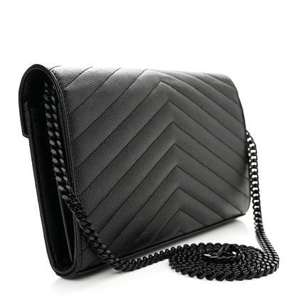 Saint Laurent Grain De Poudre Matelasse Chevron Monogram Monochrome Chain Wallet Black 2 of 11