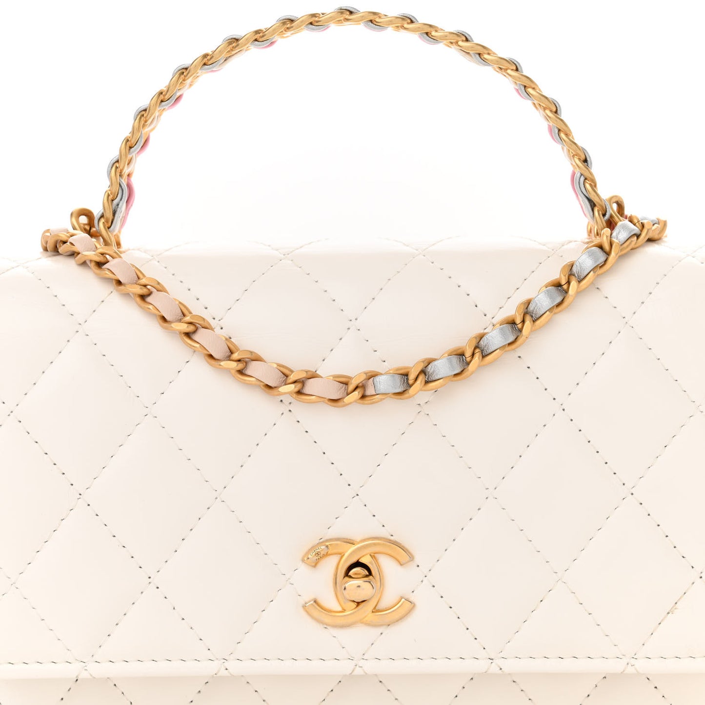 Shiny Calfskin Quilted Multicolor Top Handle Wallet On Chain WOC White