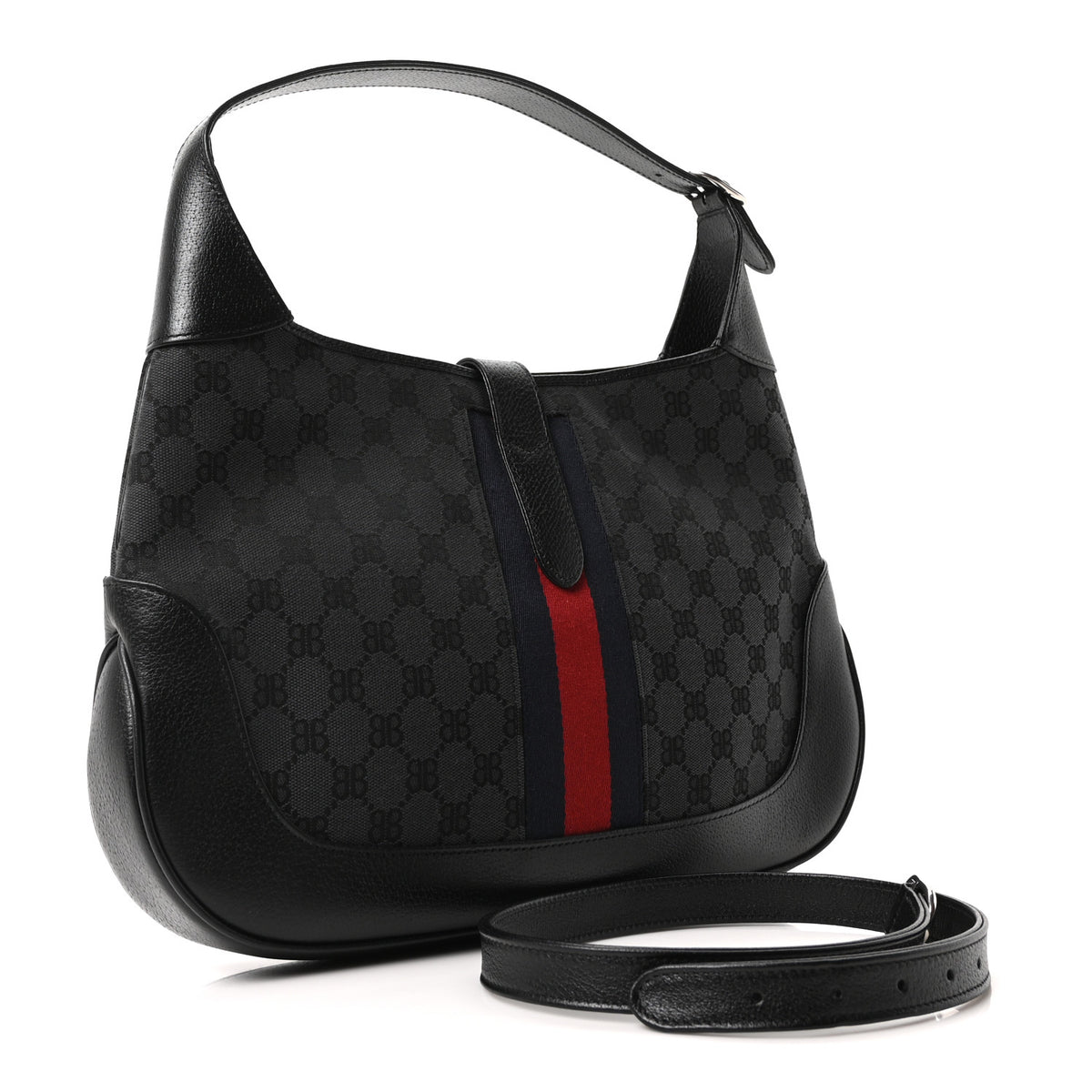 Gucci X BALENCIAGA Supreme Monogram Calfskin Web Medium Jackie 1961 Hobo Black 3 of 10