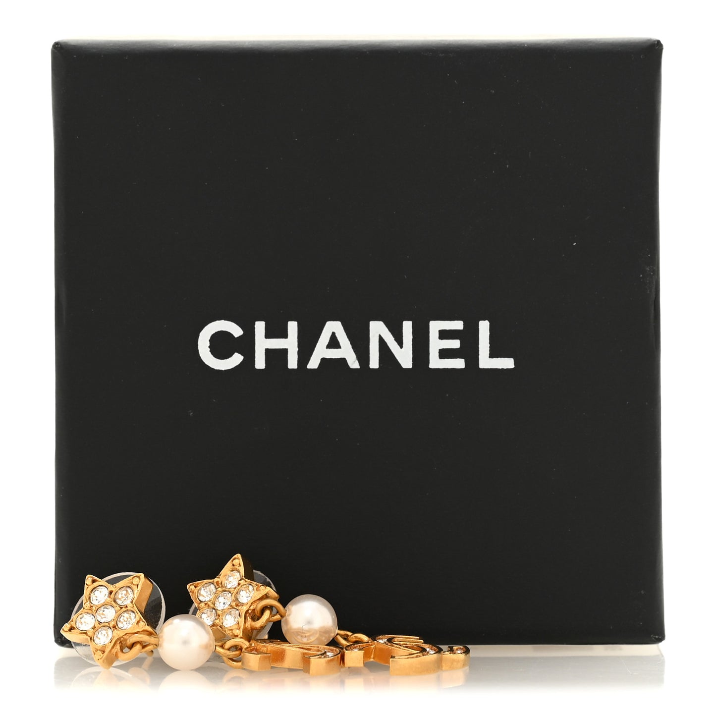 Metal Crystal Pearl CC Star Drop Earrings Gold Pearly White