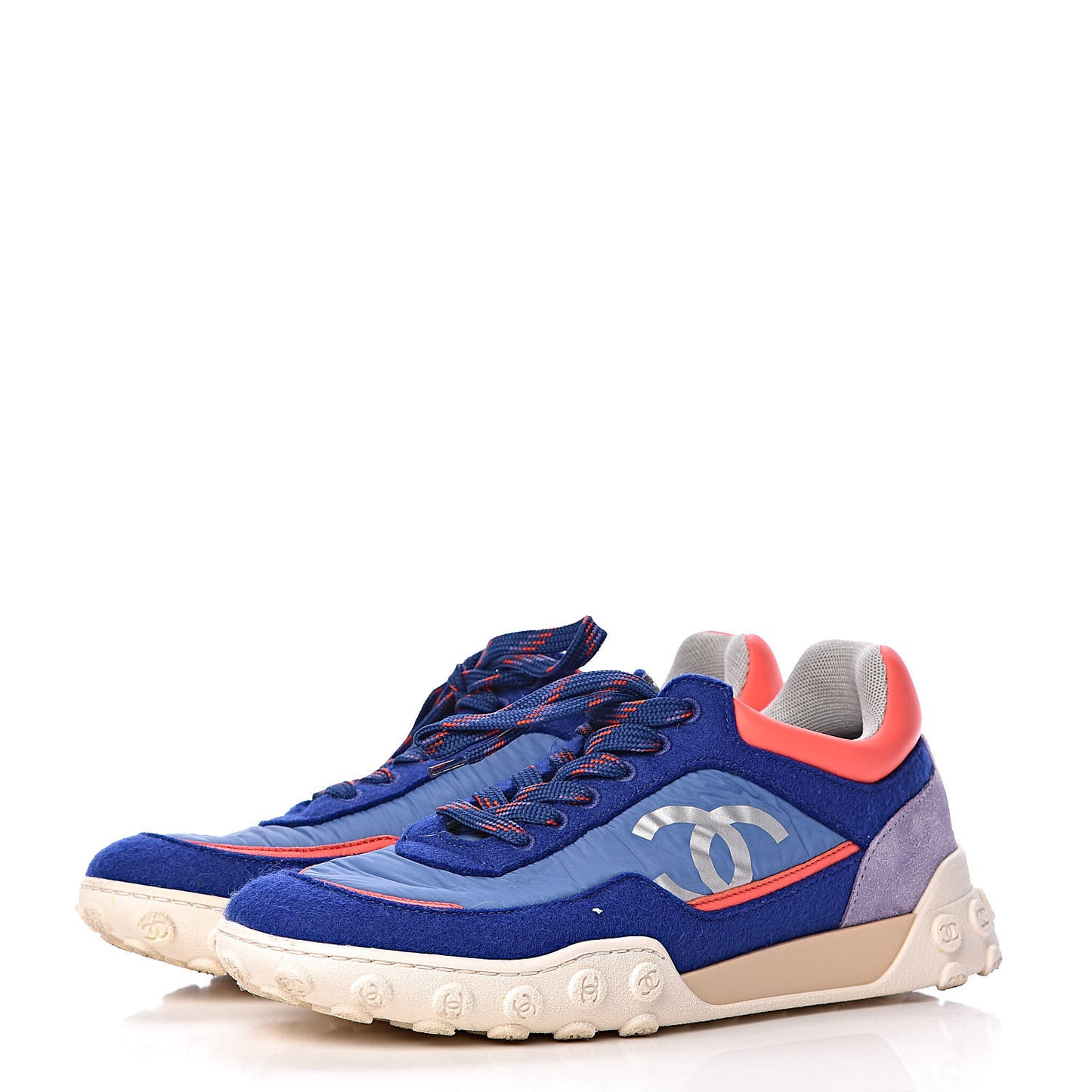 Wool Nylon Lambskin Suede Calfskin Womens Logo Sneakers 36 Blue Coral
